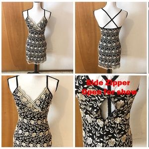 Black Lined Gold Floral Lace Shell Bodycon Vtg